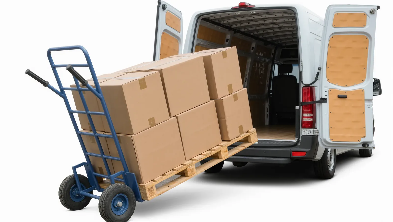 Symbolbild Sackkarre mit Kartons am offenen Transporter
