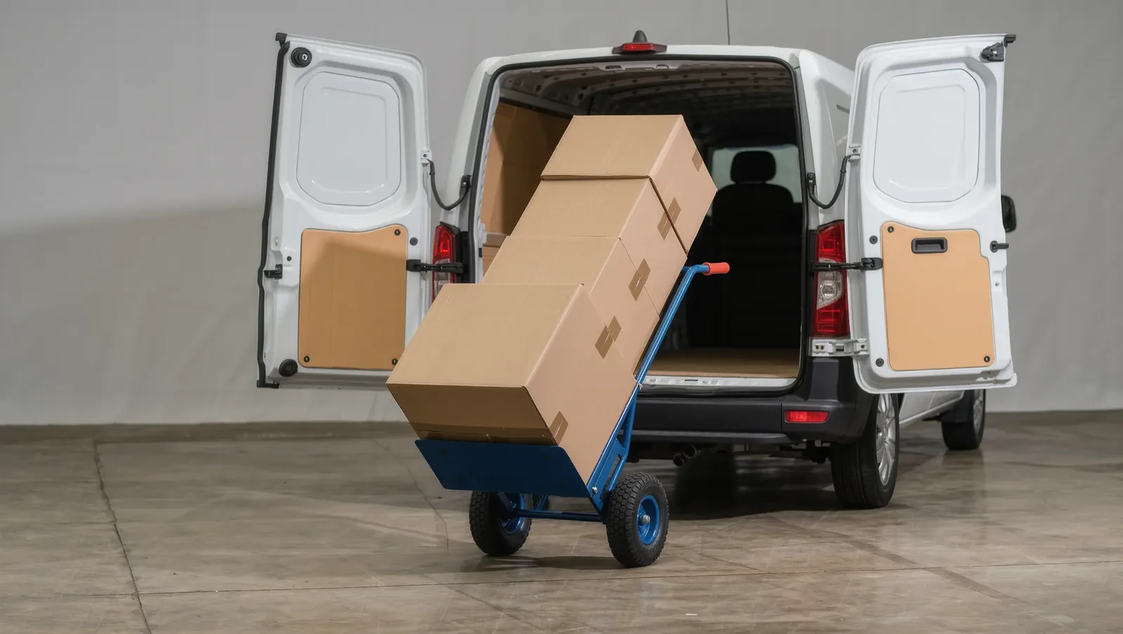 Symbolbild Sackkarre mit Kartons am offenen Transporter