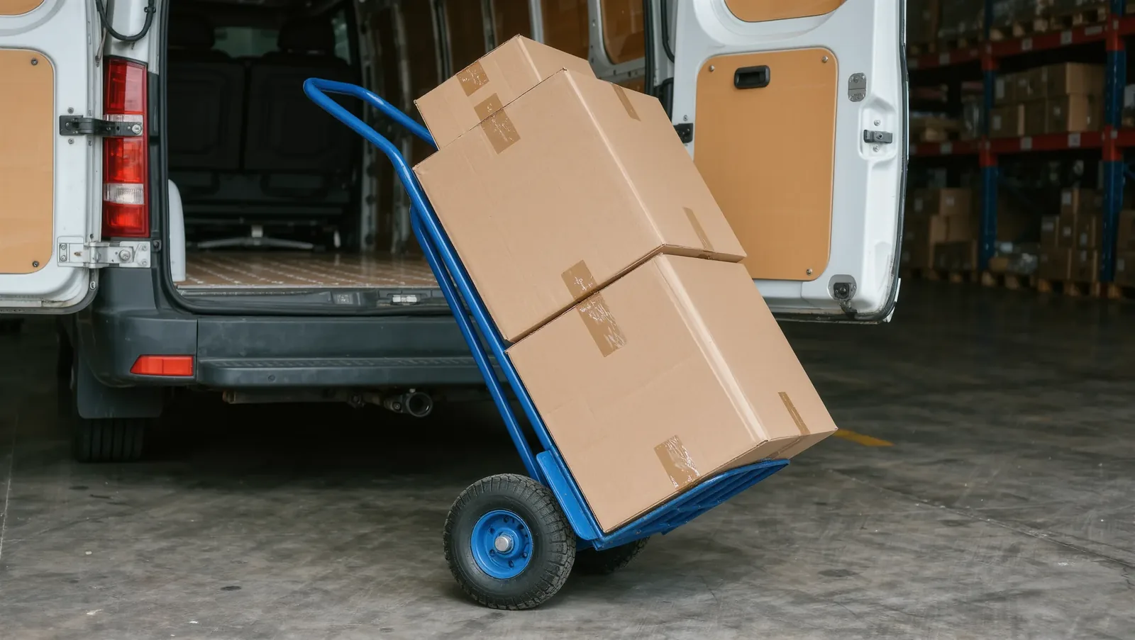 Symbolbild Sackkarre mit Kartons am offenen Transporter