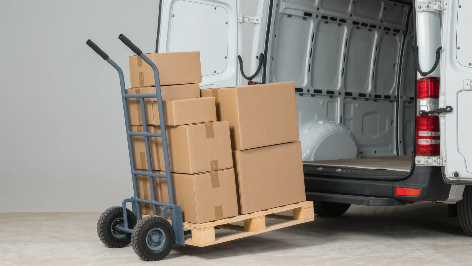 Symbolbild Sackkarre mit Kartons am offenen Transporter