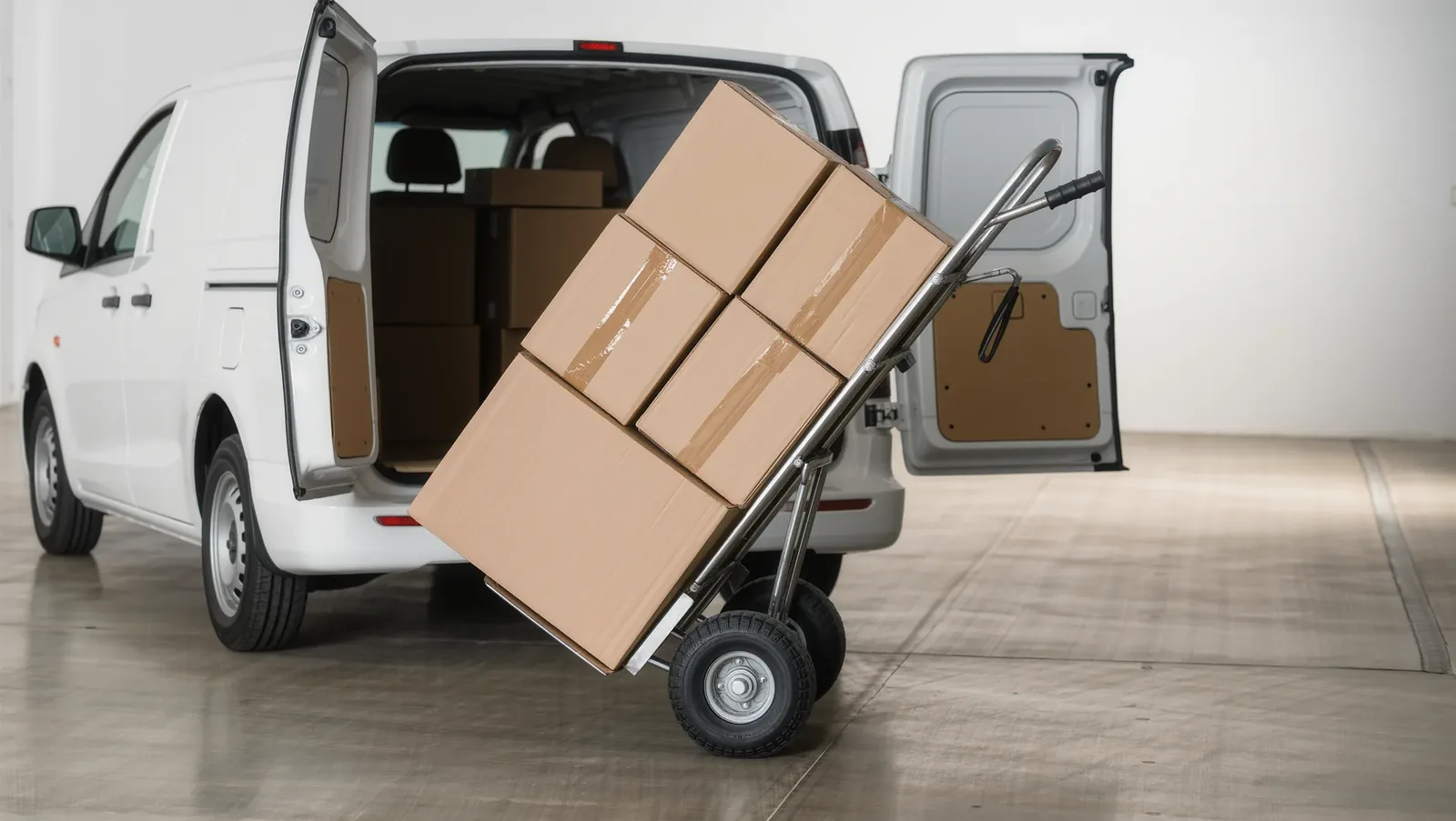 Symbolbild Sackkarre mit Kartons am offenen Transporter