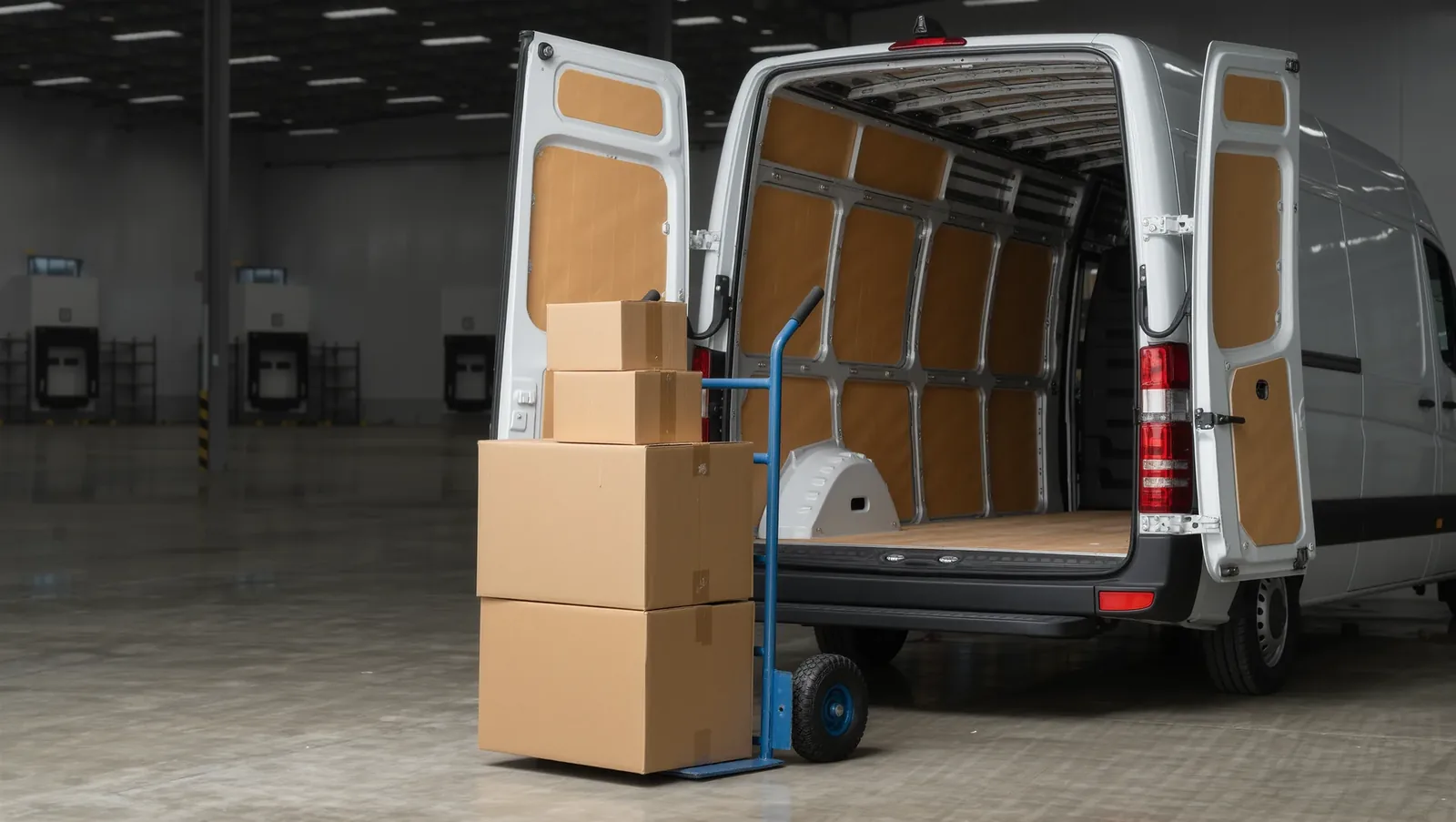 Symbolbild Sackkarre mit Kartons am offenen Transporter