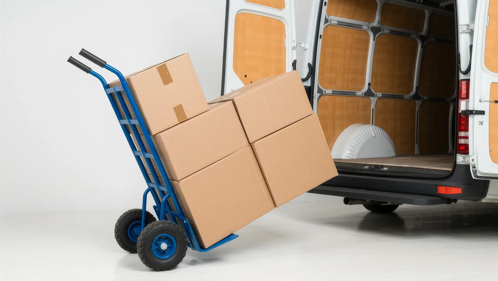 Symbolbild Sackkarre mit Kartons am offenen Transporter